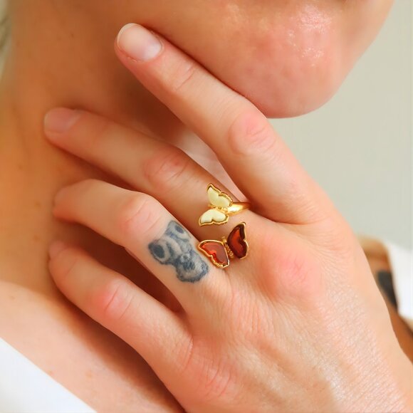 Baltic Amber Butterfly Ring in 14k Gold Plated Sterling Silver - Picture 1 of 6